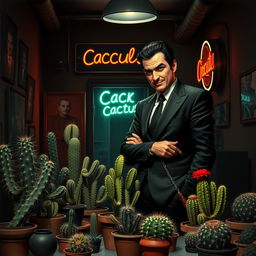 A male cactus dealer with a suspicious appearance, dressed in a sharp black suit, stands in a dimly lit room that resembles a back-alley shop