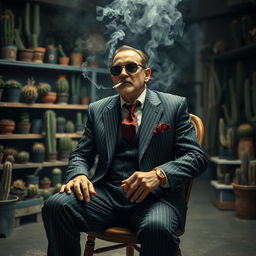 A male cactus dealer with a mafia vibe sits casually on a vintage wooden chair, smoking a cigarette