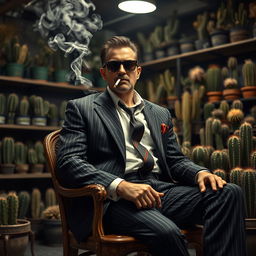 A male cactus dealer with a mafia vibe sits casually on a vintage wooden chair, smoking a cigarette
