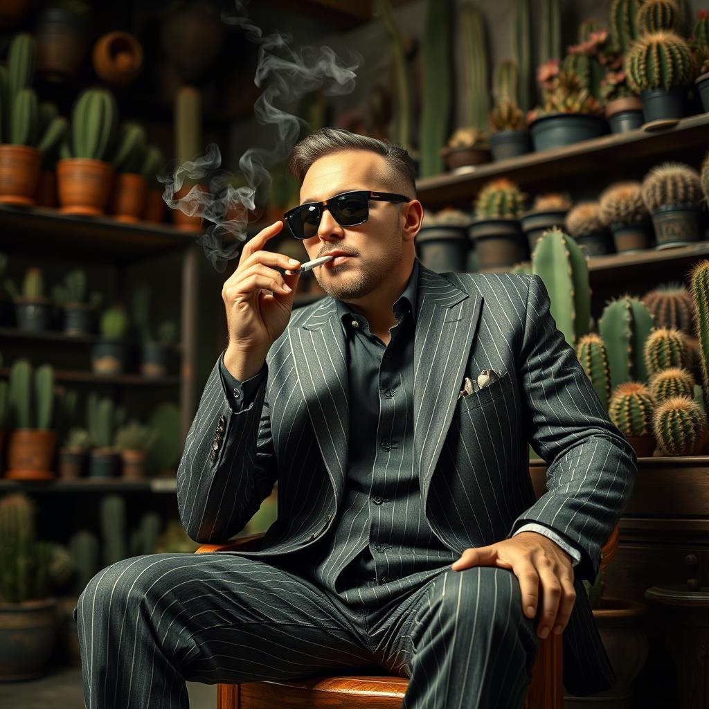 A male cactus dealer with a mafia vibe sits casually on a vintage wooden chair, smoking a cigarette
