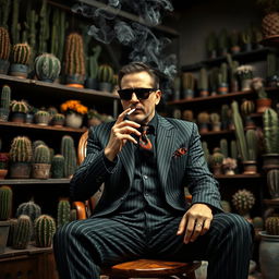 A male cactus dealer with a mafia vibe sits casually on a vintage wooden chair, smoking a cigarette
