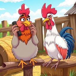 An anthropomorphic scene featuring a cartoonish hen sitting on a cozy perch with her phone pressed to her ear, her expression showing a mix of guilt and concern as she talks