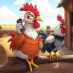 An anthropomorphic scene featuring a cartoonish hen sitting on a cozy perch with her phone pressed to her ear, her expression showing a mix of guilt and concern as she talks