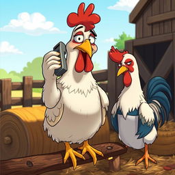 An anthropomorphic scene featuring a cartoonish hen sitting on a cozy perch with her phone pressed to her ear, her expression showing a mix of guilt and concern as she talks