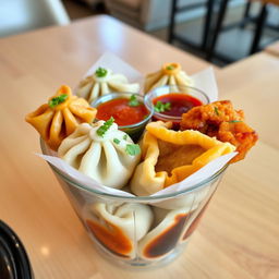 A beautifully crafted cup filled with delicious dumplings, showcasing different types such as steamed and fried varieties