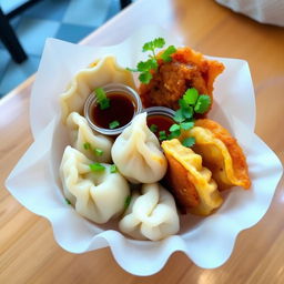 A beautifully crafted cup filled with delicious dumplings, showcasing different types such as steamed and fried varieties