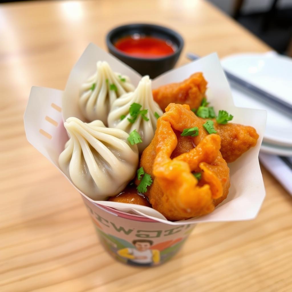A beautifully crafted cup filled with delicious dumplings, showcasing different types such as steamed and fried varieties