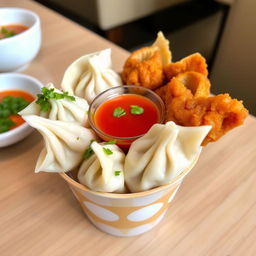 A beautifully crafted cup filled with delicious dumplings, showcasing different types such as steamed and fried varieties