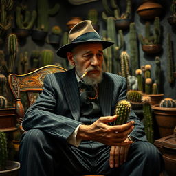 An old male cactus dealer with a rugged appearance sits relaxed on a vintage wooden chair, smoking a cigarette