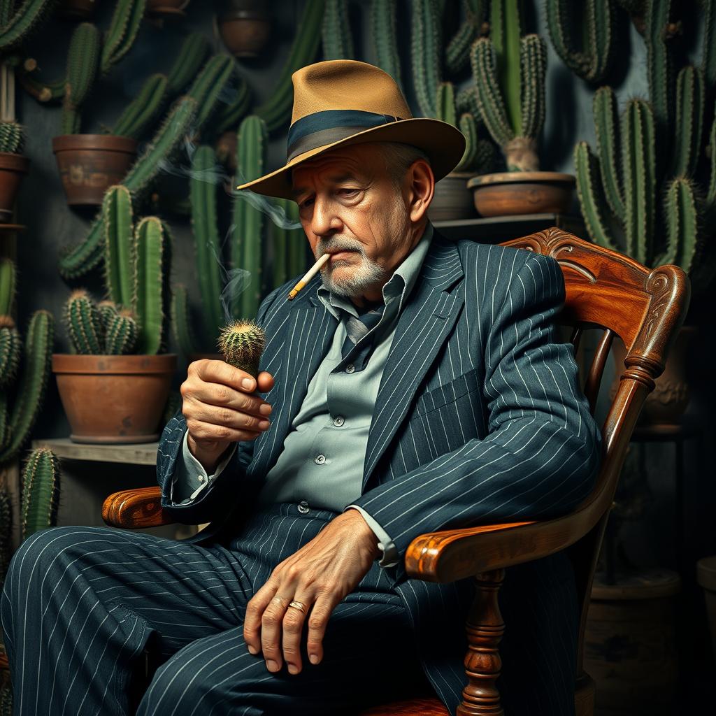An old male cactus dealer with a rugged appearance sits relaxed on a vintage wooden chair, smoking a cigarette