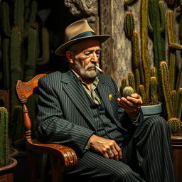 An old male cactus dealer with a rugged appearance sits relaxed on a vintage wooden chair, smoking a cigarette