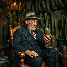 An old male cactus dealer with a rugged appearance sits relaxed on a vintage wooden chair, smoking a cigarette