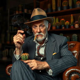 An old male cactus head dealer with a distinctive look sits comfortably on a vintage leather chair, smoking a cigarette