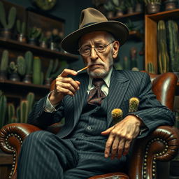 An old male cactus head dealer with a distinctive look sits comfortably on a vintage leather chair, smoking a cigarette
