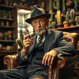An old male cactus head dealer with a distinctive look sits comfortably on a vintage leather chair, smoking a cigarette