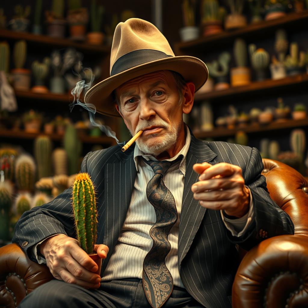 An old male cactus head dealer with a distinctive look sits comfortably on a vintage leather chair, smoking a cigarette