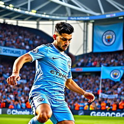 A dynamic and engaging image of Omar Marmoush wearing the Manchester City football kit