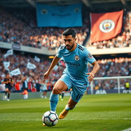 A dynamic and engaging image of Omar Marmoush wearing the Manchester City football kit
