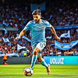 A dynamic and engaging image of Omar Marmoush wearing the Manchester City football kit