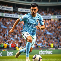 A dynamic and engaging image of Omar Marmoush wearing the Manchester City football kit