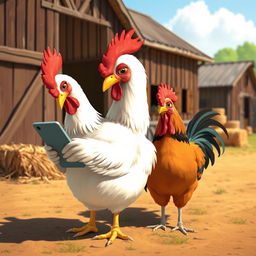 A humorous scene of a chicken and a rooster standing next to each other in a sunlit farmyard