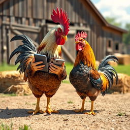 A humorous scene of a chicken and a rooster standing next to each other in a sunlit farmyard