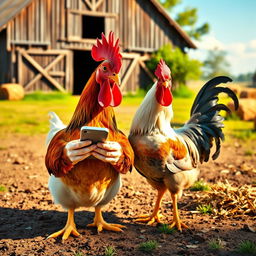 A humorous scene of a chicken and a rooster standing next to each other in a sunlit farmyard