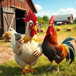 A humorous scene of a chicken and a rooster standing next to each other in a sunlit farmyard