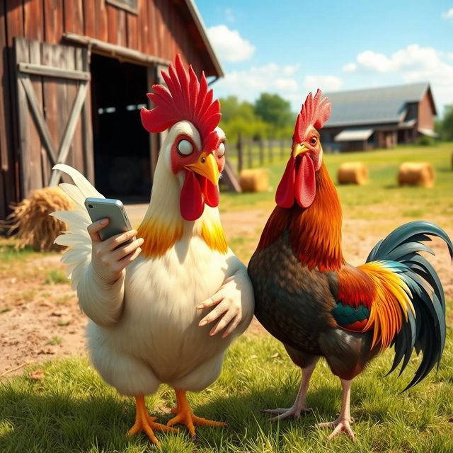 A humorous scene of a chicken and a rooster standing next to each other in a sunlit farmyard