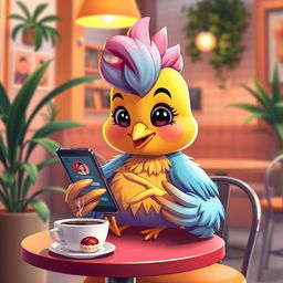 A lively and colorful scene depicting a modern, stylish chick creating a profile on their smartphone