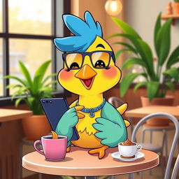 A lively and colorful scene depicting a modern, stylish chick creating a profile on their smartphone