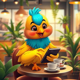 A lively and colorful scene depicting a modern, stylish chick creating a profile on their smartphone