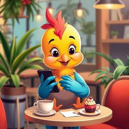 A lively and colorful scene depicting a modern, stylish chick creating a profile on their smartphone