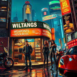 A bustling Grand Theft Auto-style street scene featuring a vibrant, neon-lit shopfront selling weapons and resources