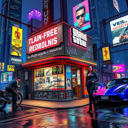 A bustling Grand Theft Auto-style street scene featuring a vibrant, neon-lit shopfront selling weapons and resources
