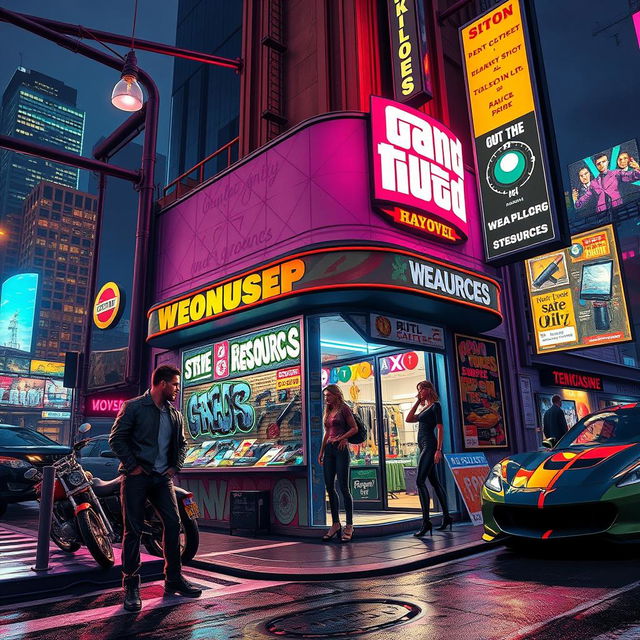 A bustling Grand Theft Auto-style street scene featuring a vibrant, neon-lit shopfront selling weapons and resources