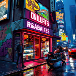 A bustling Grand Theft Auto-style street scene featuring a vibrant, neon-lit shopfront selling weapons and resources