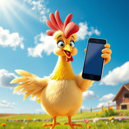 A whimsical and humorous image of a chicken taking a selfie
