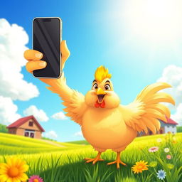A whimsical and humorous image of a chicken taking a selfie