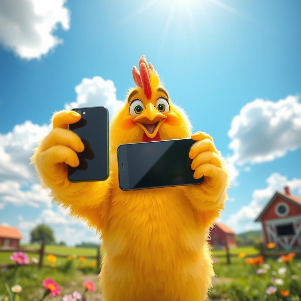 A whimsical and humorous image of a chicken taking a selfie