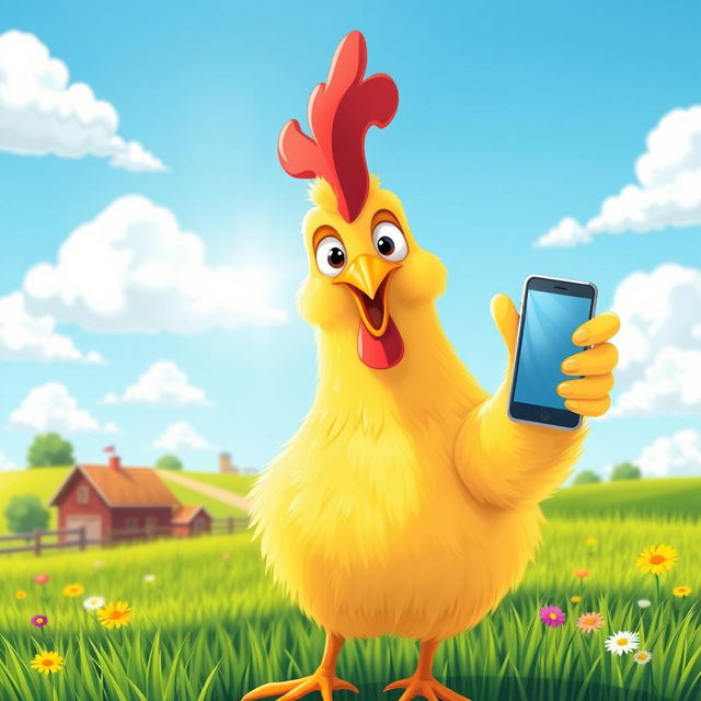 A whimsical and humorous image of a chicken taking a selfie