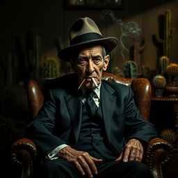 An old male cactus head dealer with a distinctive cactus-shaped head sits in a worn leather chair, exuding a commanding presence