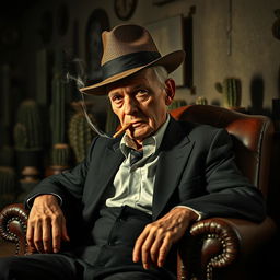 An old male cactus head dealer with a distinctive cactus-shaped head sits in a worn leather chair, exuding a commanding presence