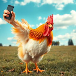 A quirky scene of a chicken standing on a grassy field, holding a smartphone in its wing, striking a playful pose while taking a selfie