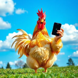 A quirky scene of a chicken standing on a grassy field, holding a smartphone in its wing, striking a playful pose while taking a selfie