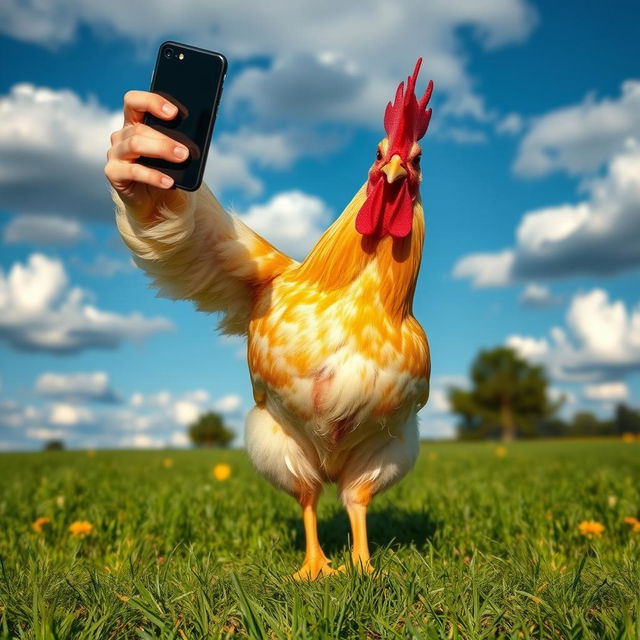 A quirky scene of a chicken standing on a grassy field, holding a smartphone in its wing, striking a playful pose while taking a selfie