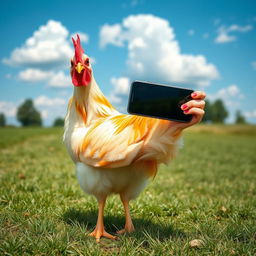 A quirky scene of a chicken standing on a grassy field, holding a smartphone in its wing, striking a playful pose while taking a selfie