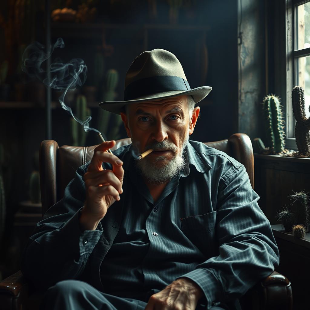 An old male cactus dealer with a rugged visage sits stoically on a weathered chair, exuding an air of authority