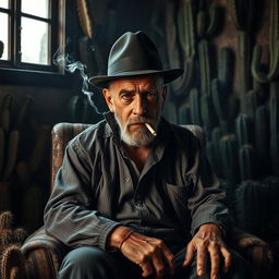 An old male cactus dealer with a rugged visage sits stoically on a weathered chair, exuding an air of authority