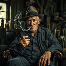 An old male cactus dealer with a rugged visage sits stoically on a weathered chair, exuding an air of authority